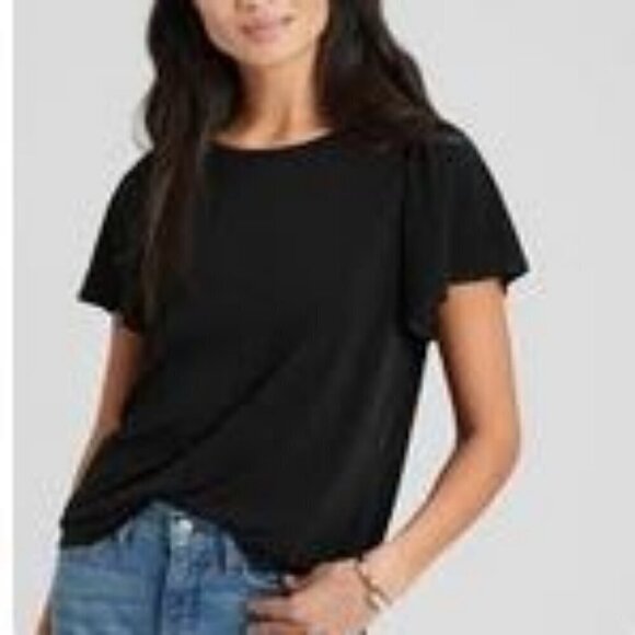 🥑NWT Banana Republic Crepe Top Flutter Sleeve Semi-sheer with Stripes in Black - Picture 2 of 15